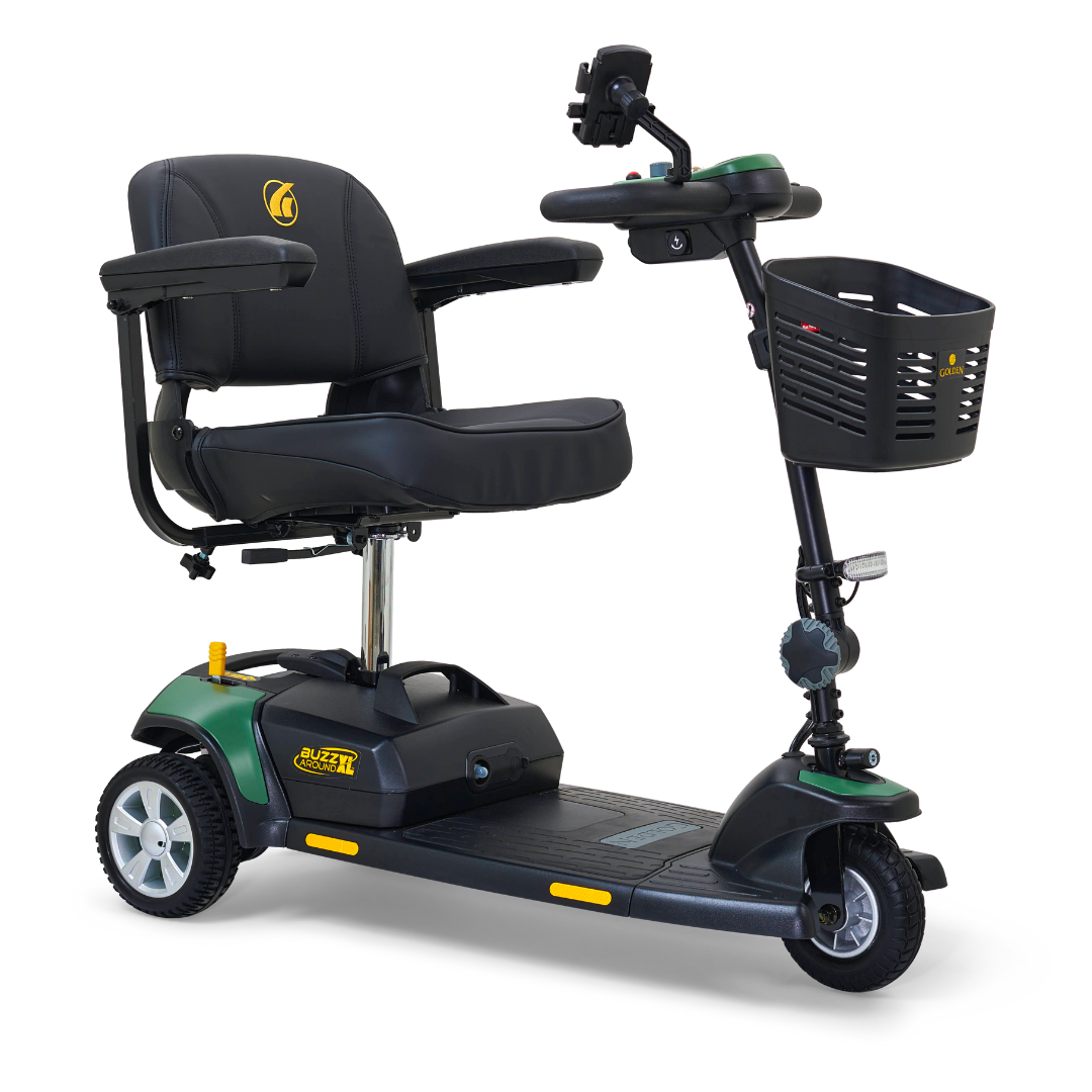The Golden Tech GB121 Buzzaround XL 3-Wheel Portable Mobility Scooter in black and green features a cushioned seat with armrests, a front basket, and a compact design for easy navigation. Its extended range battery lets you confidently travel farther.